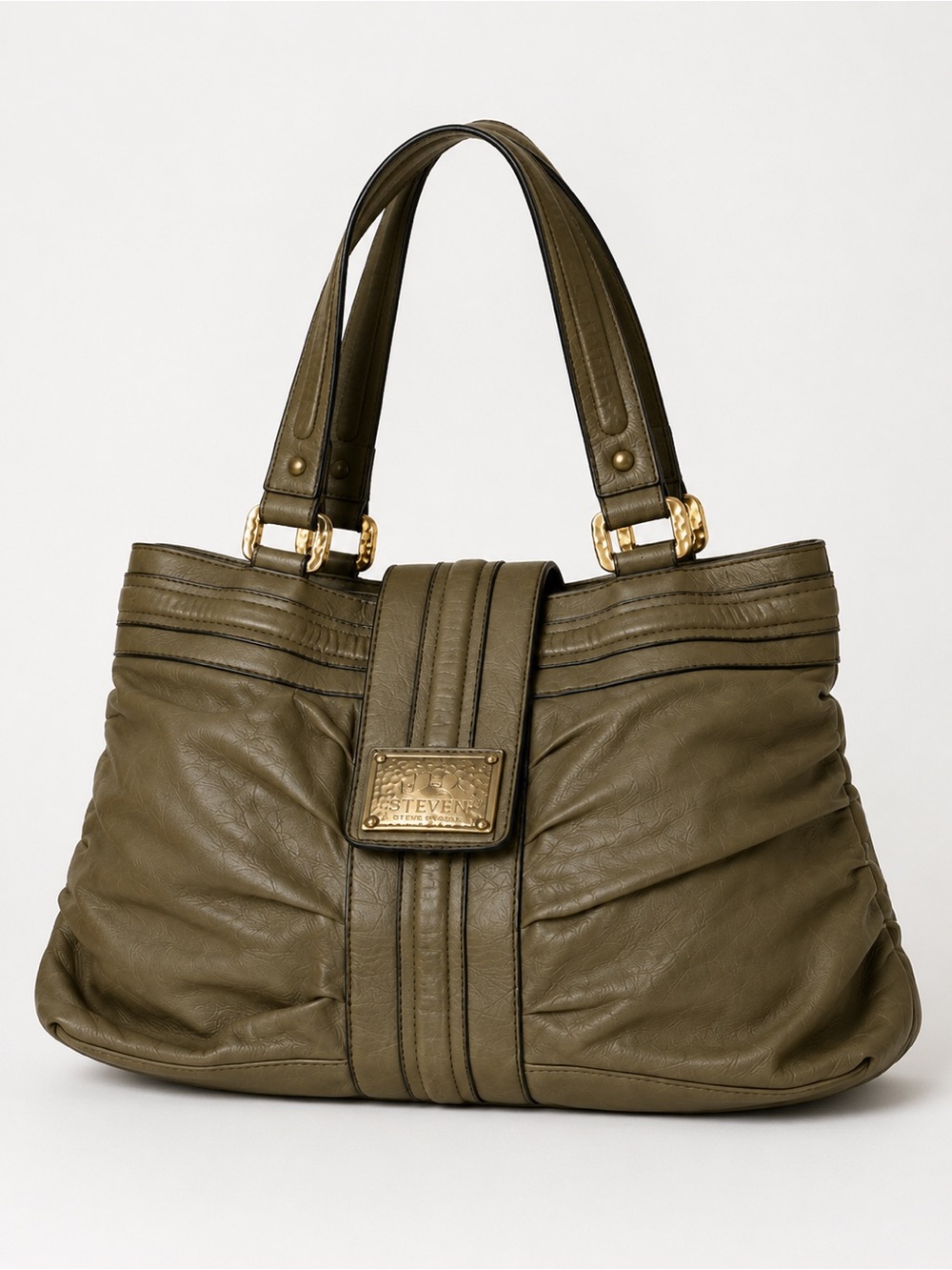 Steven by Steve Madden Olive Green Leather Slouch Tote Shoulder Bag Leopard Lini